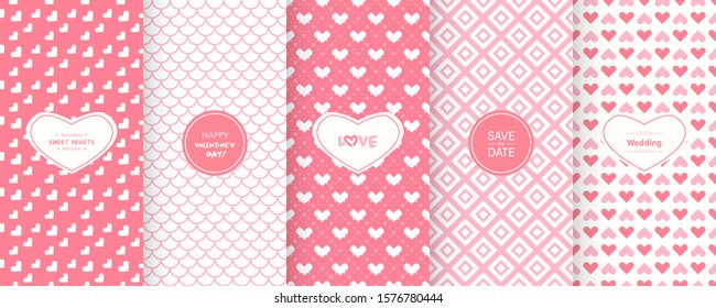 Love heart patterns. Set of seamless vector patterns with hearts. Pretty chic background. Patterns for celebrations, wedding invitation, scrapbooking mother's day and valentine's day. Soft red color