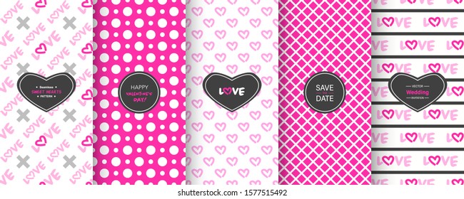 Love heart patterns. Set of seamless vector patterns with hearts. Pretty chic background. Patterns for celebrations, wedding invitation, scrapbooking mother's day and valentine's day. Pink color
