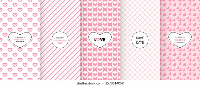 Love heart patterns. Set of seamless vector patterns with hearts. Pretty chic background. Patterns for celebrations, wedding invitation, scrapbooking mother's day and valentine's day. Delicate color
