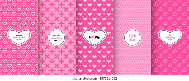 Love heart patterns. Set of seamless vector patterns with hearts. Pretty chic background. Patterns for celebrations, wedding invitation, scrapbooking mother's day and valentine's day. Pink color