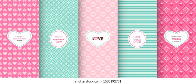 Love heart patterns. Set of seamless vector patterns with hearts. Pretty chic background. Patterns for celebrations, wedding invitation, scrapbooking mother's day and valentine's day. Pink cute color