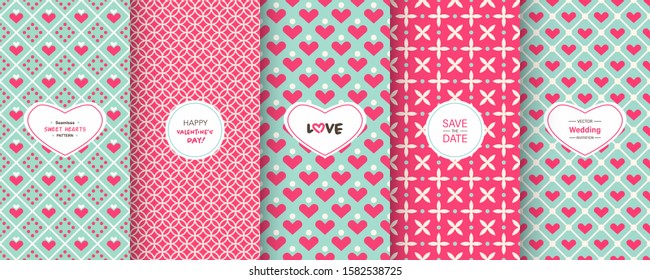 Love heart patterns. Set of seamless vector patterns with hearts. Pretty chic background. Patterns for celebrations, wedding invitation, scrapbooking mother's day and valentine's day. Retro color