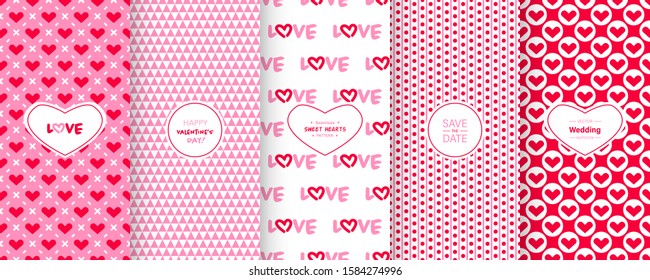 Love heart patterns. Set of seamless vector patterns with hearts. Pretty chic background. Patterns for celebrations, wedding invitation, scrapbooking mother's day and valentine's day. Pink color