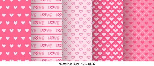 Love heart patterns. Set of seamless vector patterns with hearts. Pretty chic background. Patterns for celebrations, wedding invitation, scrapbooking mother's day and valentine's day. Cute pink color