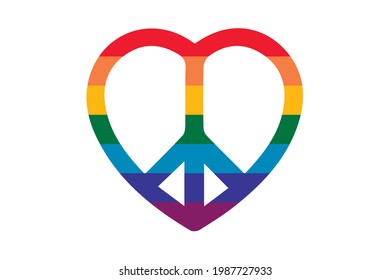 Love heart peace sign icon. rainbow colors. hippie piece sign. lgbt concept white background