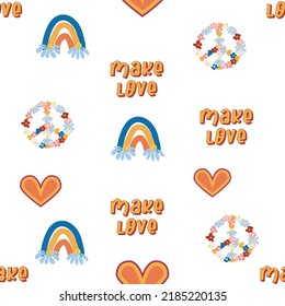 Love heart, peace symbol, rainbow retro 70s seamless pattern. Scattered heart shapes on a swirling background. groovy design in the style of the seventies.