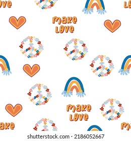 Love heart, peace symbol, rainbow retro 70s seamless pattern. Scattered heart shapes on a swirling background. groovy design in the style of the seventies.