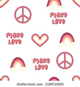 Love heart, peace symbol, rainbow retro 70s seamless pattern. Scattered heart shapes on a swirling background. groovy design in the style of the seventies.