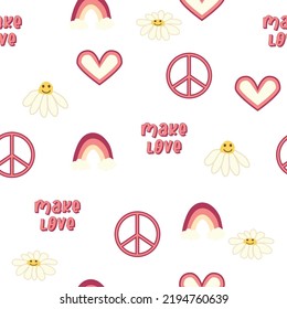 Love heart, peace symbol, rainbow retro 70s seamless pattern. Scattered heart shapes on a swirling background. groovy design in the style of the seventies.