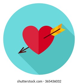 Love Heart Pierced with Arrow Circle Icon. Flat Design Vector Illustration with Long Shadow. Happy Valentine Day and Love Symbol.