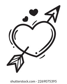 love heart pierced by arrow doodle icon isolated