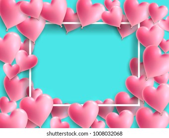 Love heart pink balloons with white frame. Balloon concept on pastel colors. For greeting cards and invitations of the wedding, birthday, Valentine's Day. Vector minimal concept illustration