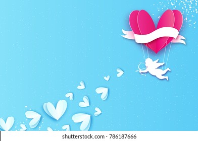 Love Heart Pink hot air balloon flying. Flying Cupids - little angesl in paper cut style. Origami little boy - Cherub. Happy Valentine day. Ribbon tape for text. Romantic Holidays. 14 February on blue