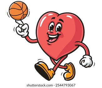 Coração de amor jogando basquete, Desenho Animado Mascote Ilustração Personagem Vetor Clip-art Desenhado à mão Logo Design