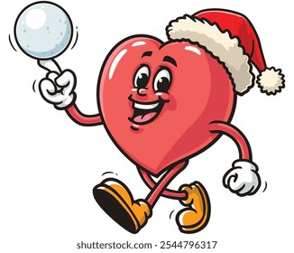 Love Heart is playing snowball and wearing a christmas hat, Cartoon Mascot Illustration Character Vector Clip-art Hand-drawn Logo Design