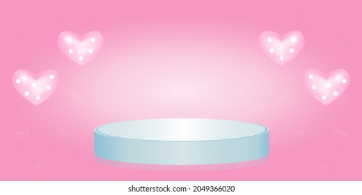 Love heart polkadot ballon with pastel color podium, concept valentine's day background. 