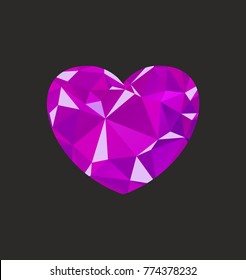 Love heart from a precious stone. Triangle low poly object. Luxury gift for Valentine Day, wedding, engagement and date. Flat vector cartoon illustration. Objects isolated on black background.
