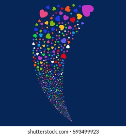 Love Heart random fireworks stream. Vector illustration style is flat bright multicolored iconic symbols on a blue background. Object fountain done from scattered icons.