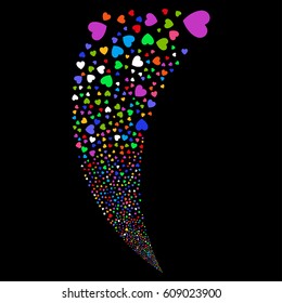 Love Heart random fireworks stream. Vector illustration style is flat bright multicolored iconic symbols on a black background. Object fountain organized from scattered icons.