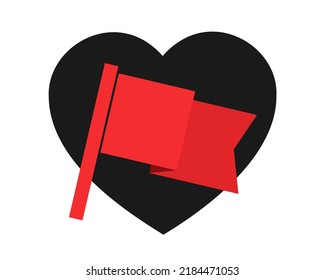 El corazón del amor con la bandera roja - signo de advertencia para evitar la relación, el romance, la amorosidad y el afecto debido a la calidad negativa. Ilustración vectorial aislada en fondo plano.	