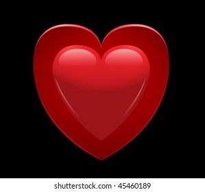 Love heart, red and glossy on black background