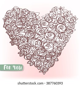 love heart with red roses for  postcard. Vector 