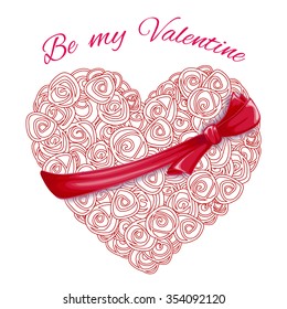 love heart with red roses and red silk ribbon. Be my Valentine. Concept on Valentines day. Vector illustration