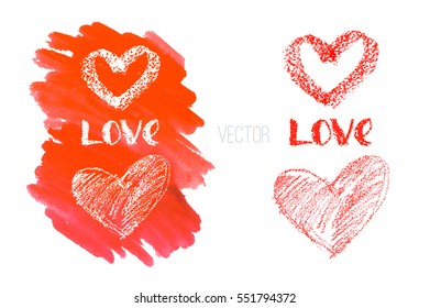 Love & heart in red & white chalk. Isolated vector. red watercolor spot. 4 design of love greeting cards 4 wedding & Valentine's Day