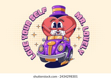 Love Heart Riding Car Retro Cartoon Character Illustration. Vintage Retro Character Heart with Chocolate Box Illustration Design
