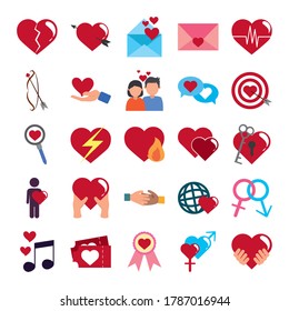 love heart romantic passion feeling message flat style icons set vector illustration