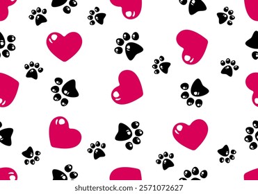 Love heart seamless pattern footprint dog paw Valentine glossy heart vector puppy kitten cartoon gift wrapping paper