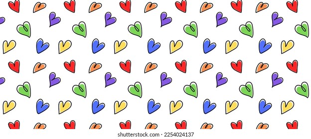 Love heart seamless pattern illustration. Trendy hand-drawn doodle seamless pattern with hearts in rainbow color isolated on transparent background. Valentine's day holiday backdrop texture. Pride