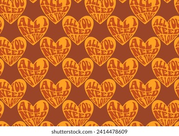 Liebe Herz nahtlose Mustergrafik. Retro 1970er-Jahre-Stildruck auf romantischem Hintergrund. Valentinstag Feiertag Hintergrund Textur, romantische Phrasen Hochzeit Tapete Design.