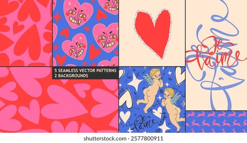 Love heart seamless pattern illustration set. Cute romantic hearts background print. Valentine's day holiday backdrop texture, romantic funny design.