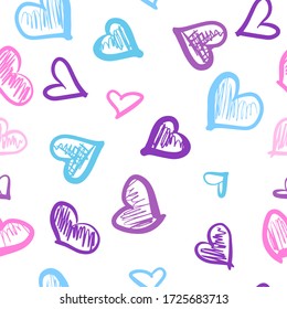 Love heart seamless pattern. Multicolored handwritten hearts. Stock vector illustration isolated on white background. Can be used for wallpaper, fill, web page lights, surface textures.