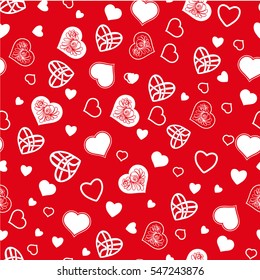 Love heart seamless pattern in white and red colors for Valentine's Day. Stock line vector illustration.