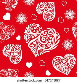 Love heart seamless pattern in white and red colors for Valentine's Day. Stock line vector illustration.