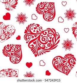 Love heart seamless pattern in white and red colors for Valentine's Day. Stock line vector illustration.