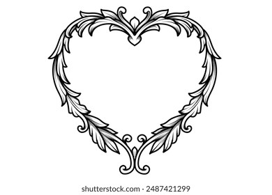 Love heart shape border frame floral vintage. Nubes with swirl ornament, woodcut etching engraving. Design for tattoo, sticker, clipart, Valentines or Mothers day.