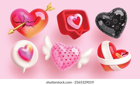 Love heart shape clip art set. Heart icon valentine symbol with cupid arrow, speech bubble, inflatable balloon with wings and broken sign elements. Vector illustration valentine's day collection.
