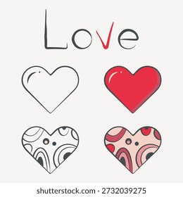 Love heart shape icon set, hand drawn ink blob brush line  contour stroke, groovy decor ornament, sketch doodle style design, red pink color decorative isolated graphic elements, white background. Vector illustration, text hand written