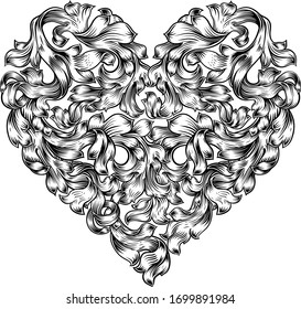 A love heart shape pattern floral vintage style woodcut etching engraving design. A Valentines or Mothers day drawing concept