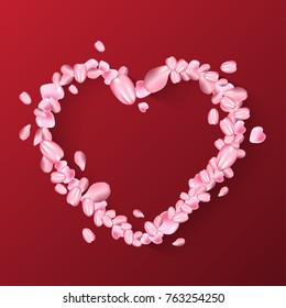 Love heart shape of red petals on red background, vector illustration. Valentine's day with beautiful rose petals.