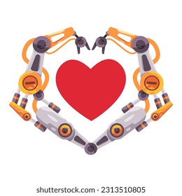 Love heart shape symbol of emotion with robotic machine articulated robot hand futuristic high tech