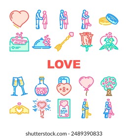 love heart shape valentine day icons set vector. people woman, care together, lifestyle social, man happy, couple, wedding love heart shape valentine day color line illustrations