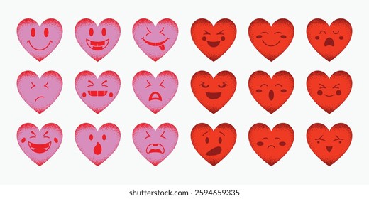 Love and heart shaped emojis with various expressions vector illustrations set 
