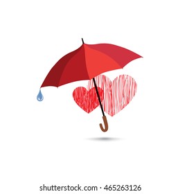 Love heart sign over rain under umbrella protection. Two hearts in love icon isolated over white background. Valentine's day greeting card design