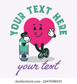 Love heart Skateboard Character Vector Graphic Design Street Wear Badge Illustration for Logo, T-shirt Design, Patch, Poster and Others