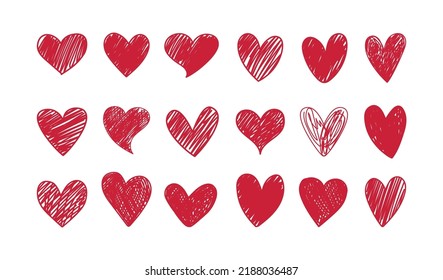 Love heart, sketch valentine symbols. Hand drawn abstract wedding cards elements in grunge red color. Minimalist signs on white background. Doodle scribble style decor. Vector sketchy design