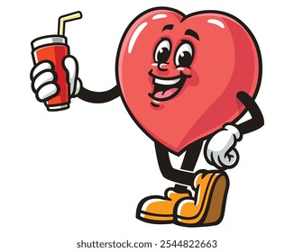 Love Heart with soft drink, Cartoon Mascot Illustration Character Vector Clip-art Hand-drawn Logo Design